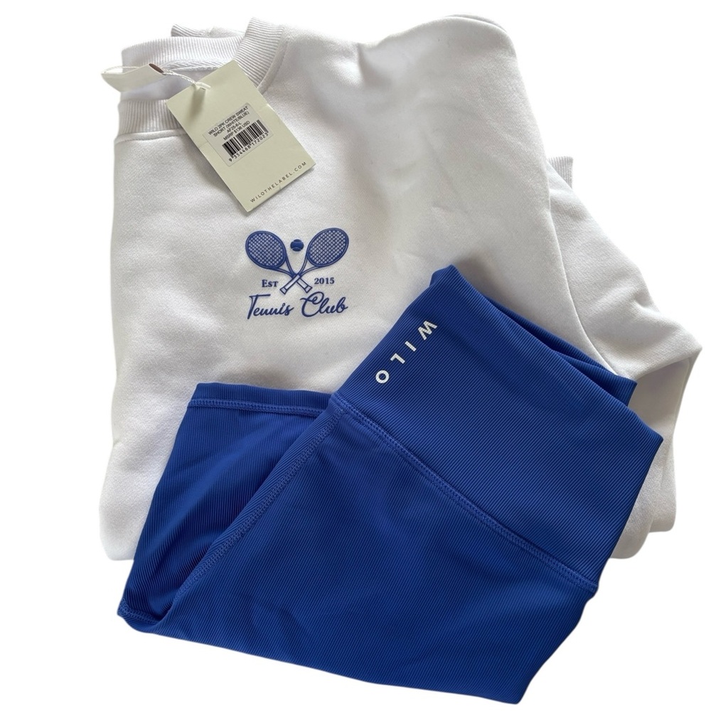 NWT WILO The Label 2 Piece Crew Sweatshirt & Shorts Tennis Club White & Blue Lg - Picture 5 of 15